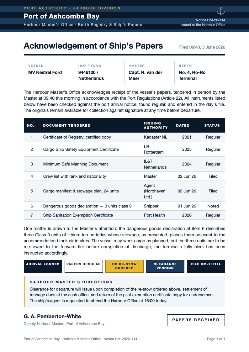 Nautical marine acknowledgement letter